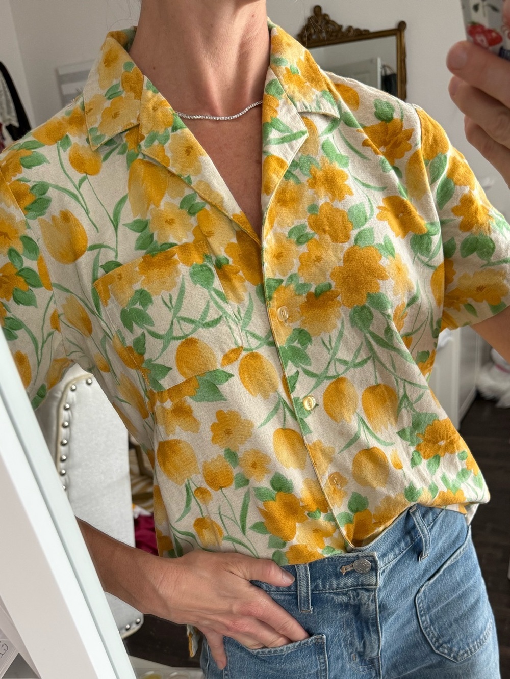 Vintage Sag Harbor Floral Linen Blend Button Front Cottagecore Top S